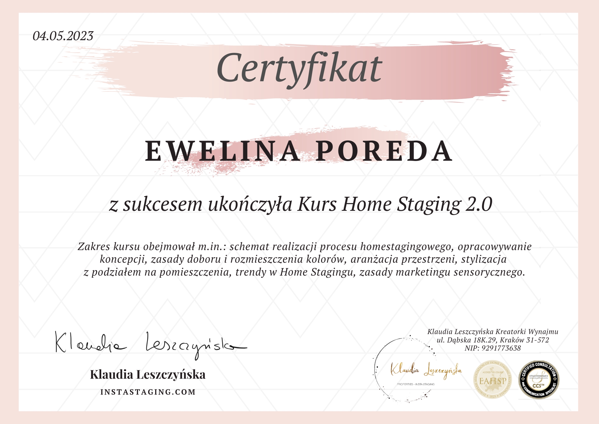 Certyfikat HS 2.0 Ewelina Poreda